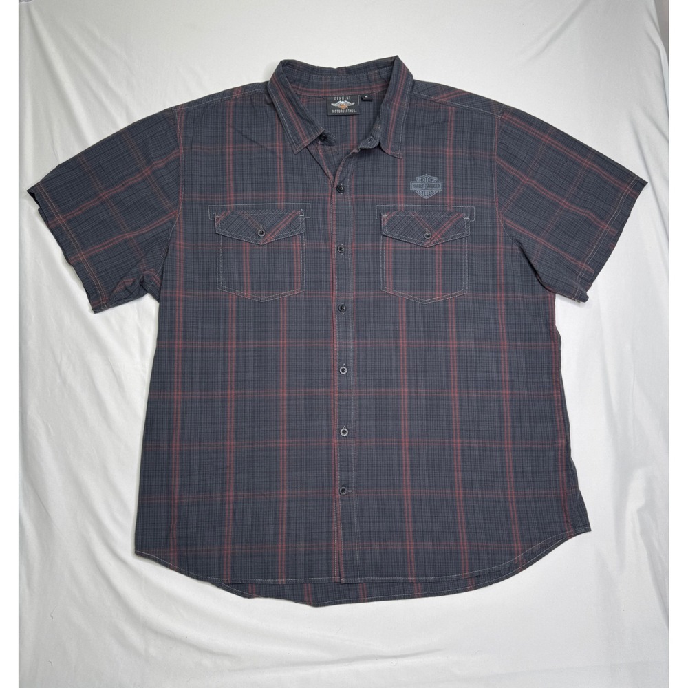 Harley-Davidson Mens 3XL Plaid Eagle Graphic Short Sleeve Button Up Shirt Gray